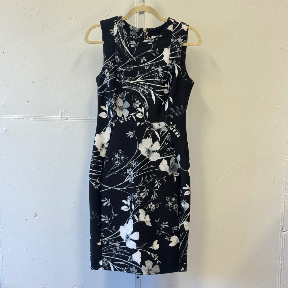 Calvin Klein Womens Black White Floral Sleeveless Scuba Sheath Dress Size 6